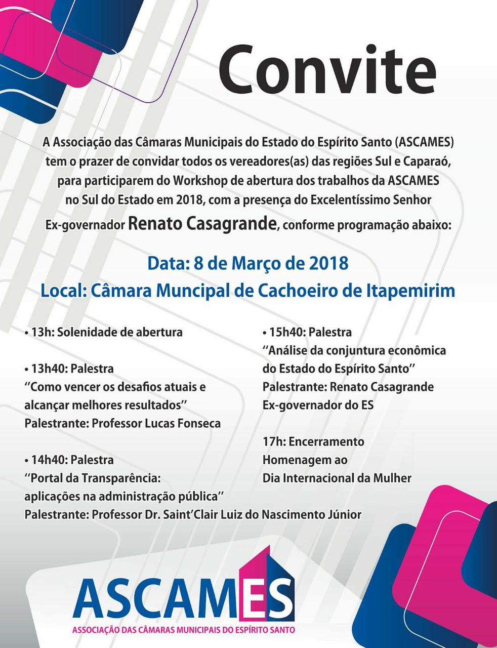 Câmara de Cachoeiro receberá workhop da Ascames