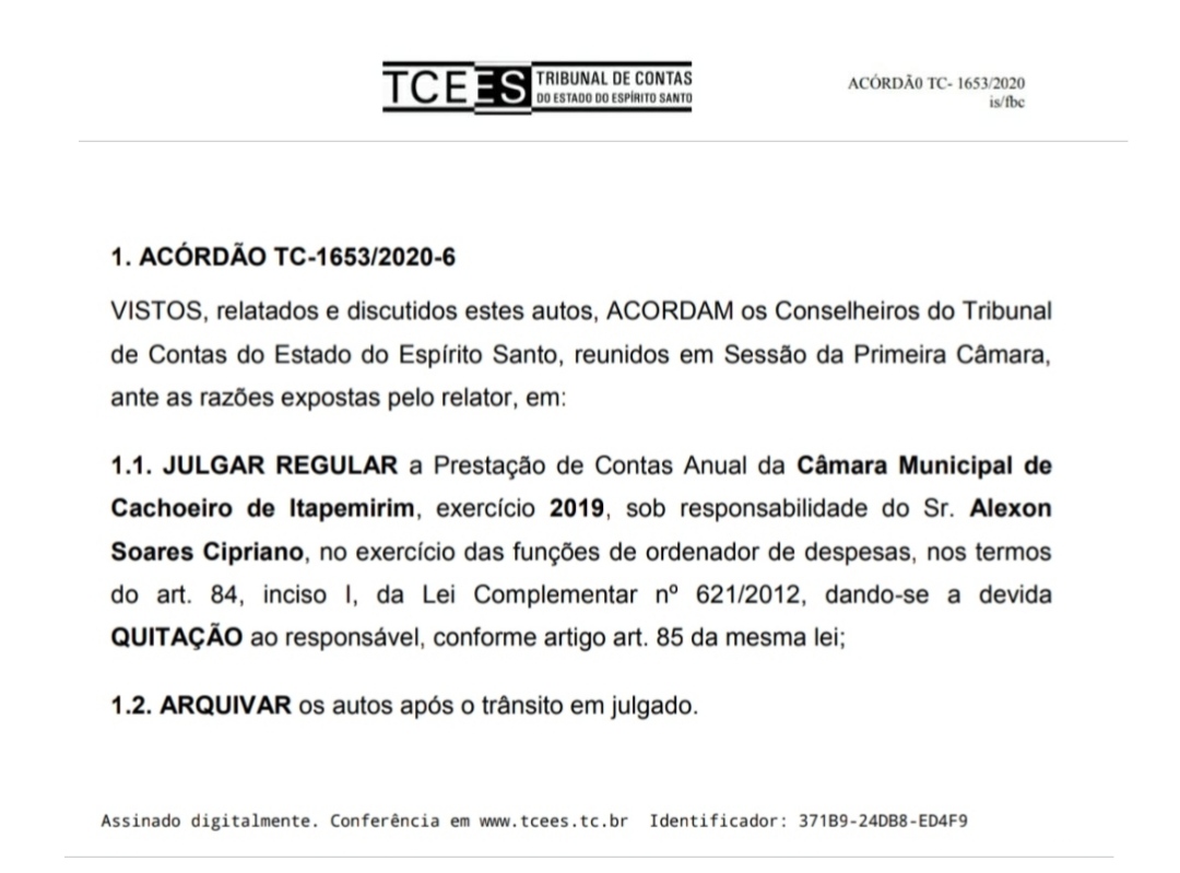 TCE-ES aprova contas 2019 da Câmara